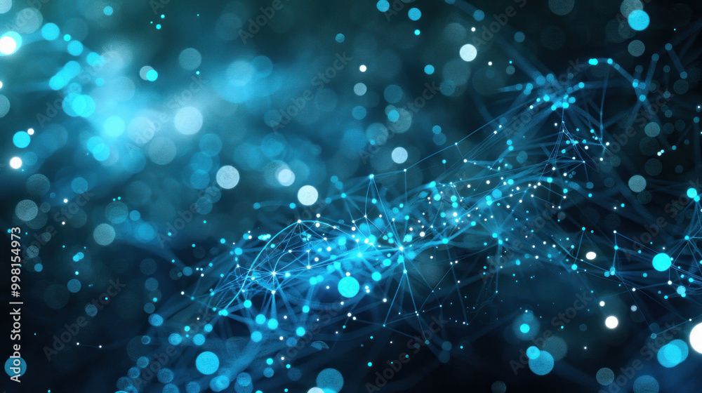 Poster mesmerizing abstract background featuring glowing blue particles and interconnected lines, creating sense of depth and movement. Perfect for technology and digital themes