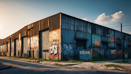 Obraz premium Gritty Urban Warehouse With Eclectic Graffiti And Street Art