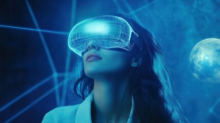 woman look up portrait in vr glasses hologram, glowing virtual headset with connection, earth sphere and lines.