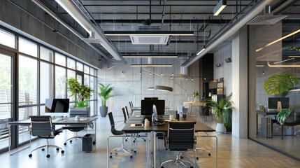modern conference room featuring long table, ergonomic chairs, and large windows that provide natural light. space is designed for collaboration and meetings, creating professional atmosphere