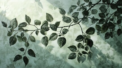 A Detailed Painting of Dark Green Leaves on a Light Green Canvas