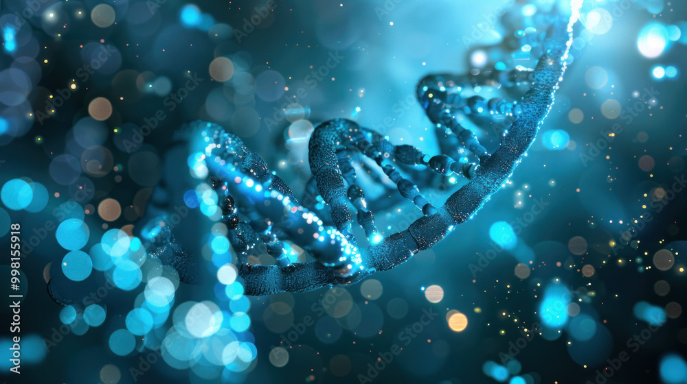 Poster stunning representation of dna double helix, illuminated by vibrant blue and teal lights, surrounded