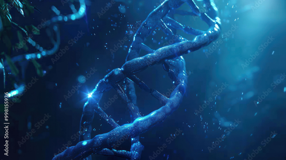 Aufkleber mesmerizing depiction of DNA double helix illuminated by soft blue light, surrounded by sparkling particles, creating sense of wonder and scientific exploration