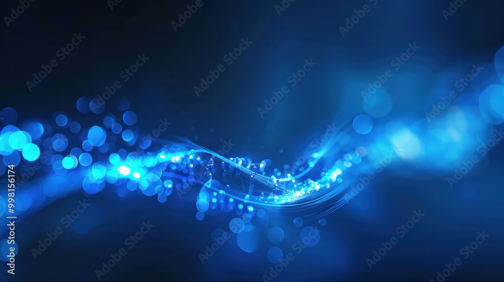 Poster mesmerizing abstract background featuring flowing blue light waves and sparkling particles, creating sense of depth and tranquility. Ideal for technology or digital themes