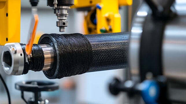 Detailed view of carbon fiber being wrapped around a mandrel to create a hollow tube structure