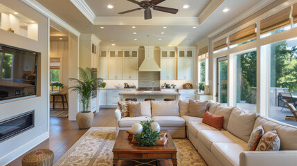 spacious and inviting living room featuring large sectional sofa, elegant decor, and bright kitchen area. warm ambiance is enhanced by natural light streaming through large windows