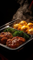 Retrofuture TV dinner with compartments for pillform appetizers