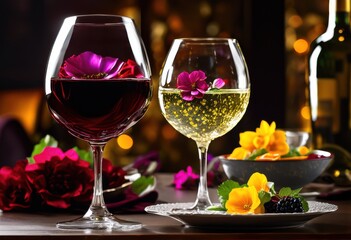 Fototapeta premium vibrant wine glasses complementing colorful meals rich textures artistic presentation, dining, table, food, drink, elegant, setting, decoration, cuisine