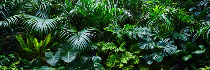 Lush green foliage fills scene, showcasing variety of tropical plants and leaves. vibrant greenery creates serene and refreshing atmosphere, perfect for nature lovers