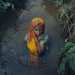 Fototapeta premium Woman in a Colorful Sari Submerged in a Tranquil Stream