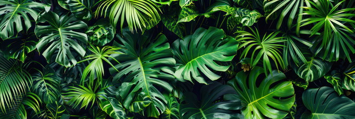 Lush green foliage fills frame, showcasing variety of tropical leaves in different shapes and sizes, creating vibrant and serene atmosphere