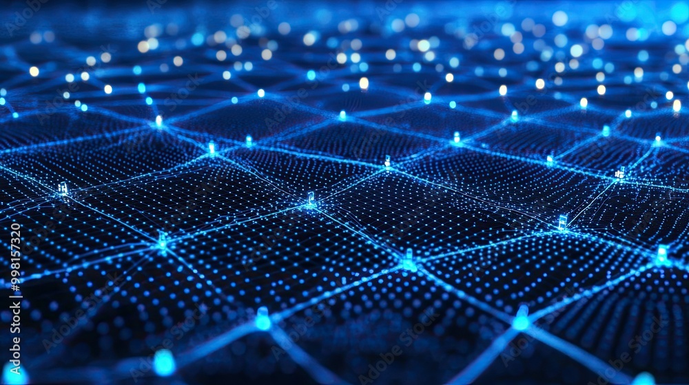 Poster 3d blockchain grid with interconnected data points and glowing lines, set against a deep blue digita