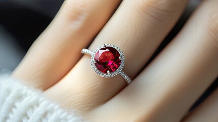 A beautiful ruby ring sits elegantly on a woman's hand, capturing the depth and brilliance of the red gemstone in a refined and luxurious design.
