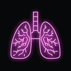 Neon sign representing human lungs glowing purple on black background, ideal for medical or anatomical concepts