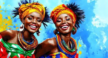 Obraz premium Joyful watercolor depiction of two African women in vibrant traditional dress dancing with happiness and grace on a blue background. Copy space.