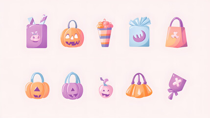 Fototapeta premium Pastel trick-or-treat bag set of icons with soft edges and light pastel colors isolated on a plain background