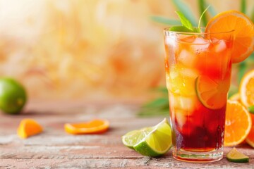 Fototapeta premium Layered Tropical Cocktail with Citrus and Fruit Blend for Refreshing Summer Beverage Ideas