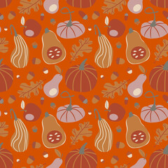 Autumn seamless pattern with pumpkins, leaves, acorns. Thanksgiving print. Autumn vibes background. Cosy season and warm colors ornament. Perfect for packaging, textile, stationary, decor, crafts. 