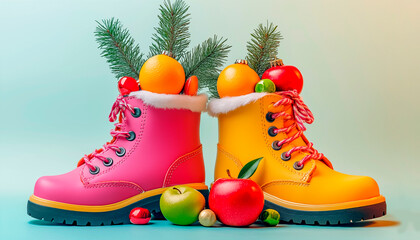 Photo of multi-colored shoes with fir branches sticking out, sweets and fruits for St. Nicholas Day.