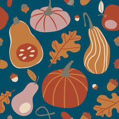 Autumn seamless pattern with pumpkins, leaves, acorns. Thanksgiving print. Autumn vibes background. Cosy season and warm colors ornament. Perfect for packaging, textile, stationary, decor, crafts. 