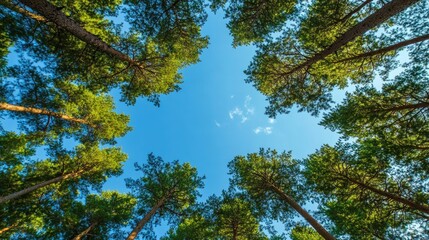 Obraz premium A canopy of green pine trees against a stunning blue sky in Japan, capturing the beauty of the forest and the simplicity of nature. Ideal for outdoor themes.