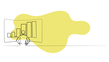 business background.one line drawing of business man looking at curved monitor and rising business graph.hand drawn line vector illustration