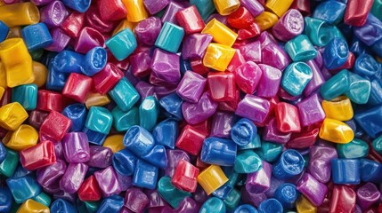 Colorful plastic pellets for recycling promoting reuse and separate waste collection in plastic manufacturing. Concept Plastic Pellet Recycling, Reuse Initiative, Waste Collection