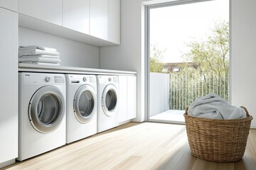 The laundry room showcases built-in washing and drying machines, sleek cabinetry, and a basket of freshly cleaned clothes nearby. Generative AI
