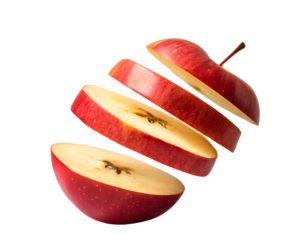 Cross slices of red apple floating in the air. Transparent background.