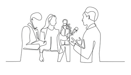 continuous line of a group of journalists conducting interviews with public figures.one line drawing of interviews of artists,state officials.one single vector of journalist profession