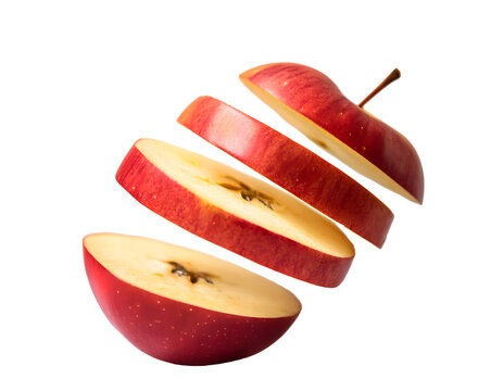 Cross slices of red apple floating in the air. Transparent background.