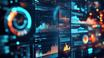 Obraz premium A close-up view of a computer screen displaying various data visualizations and graphs, with a focus on a bar chart with orange and blue hues.