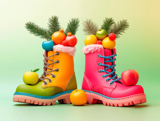 Photo of multi-colored shoes with fir branches sticking out, sweets and fruits for St. Nicholas Day.