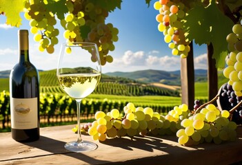 Naklejka premium crisp white wine poured picturesque vineyard surrounded lush green grapevines rolling hills under clear blue sky, barrel, beverage, bloom, bright, citrus