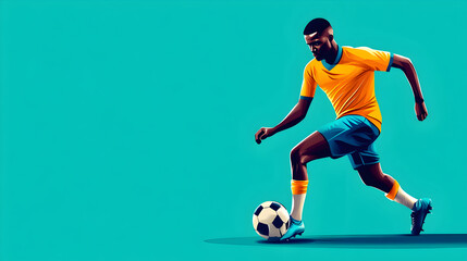 Fototapeta premium Illustration of an African man skillfully handling a football on a blue background, capturing his focus and athletic ability. Copy space.