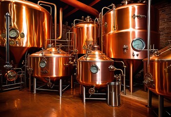 Fototapeta premium vibrant colorful display brewing equipment various parts showcasing art craft beer production, machinery, tools, fermentation, hops, grains, kettle, tanks