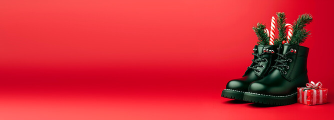 Photo of black polished shiny boots with fir branches and sweets sticking out on a red background on St. Nicholas Day.