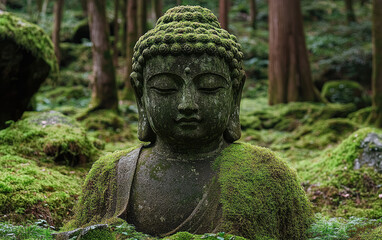 Fototapeta premium A serene moss-covered Buddha statue in an ancient forest, surrounded by lush greenery and a tranquil atmosphere