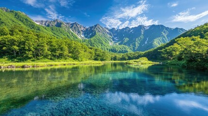 Fototapeta premium A clear, tranquil scene in Kamikachi with the Azusa River, vibrant green foliage, and the rugged peaks of the Hotaka Mountains under a bright blue sky.