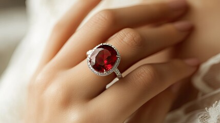 A close-up of a woman's hand wearing a stunning ruby gemstone ring, highlighting the deep red stone and elegant design. Perfect for showcasing luxury and elegance.