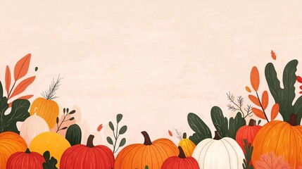 Colorful pumpkins and autumn leaves on a soft background.