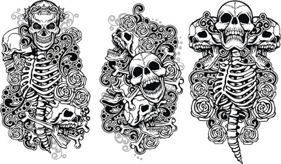 set, gothic sign with skull, grunge vintage design t shirts
