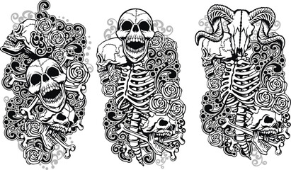 set, gothic sign with skull, grunge vintage design t shirts
