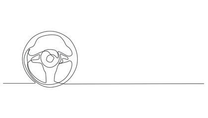 continuous line of car steering. car steering wheel icon in one line drawing. isolated white background