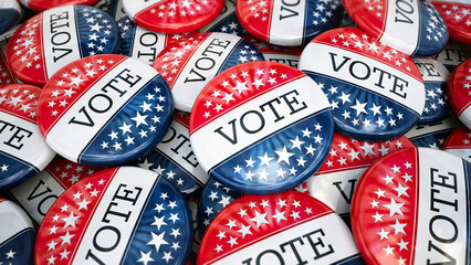 Fototapeta premium Large stack of vote badges with American flag colors. 3D illustration