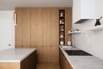 A beautifully designed modern minimalist kitchen with elegant wood and marble finishes