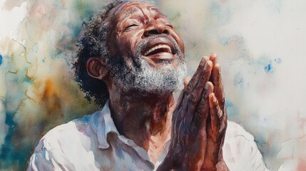 joyful disabled african american man praising god for blessings and healing watercolor painting