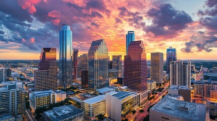 A city skyline at sunset with a large building in the middle