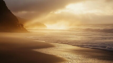 Golden Sunset Over a Rocky Beach with Foamy Waves
