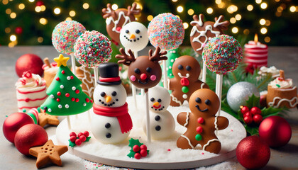 Christmas-themed cake pops featuring snowmen, reindeer, and Christmas trees with festive decorations in a holiday setting